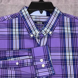 IZOD Button Down Shirt Mens L Purple Plaid Non-Iron Stretch Long Sleeve